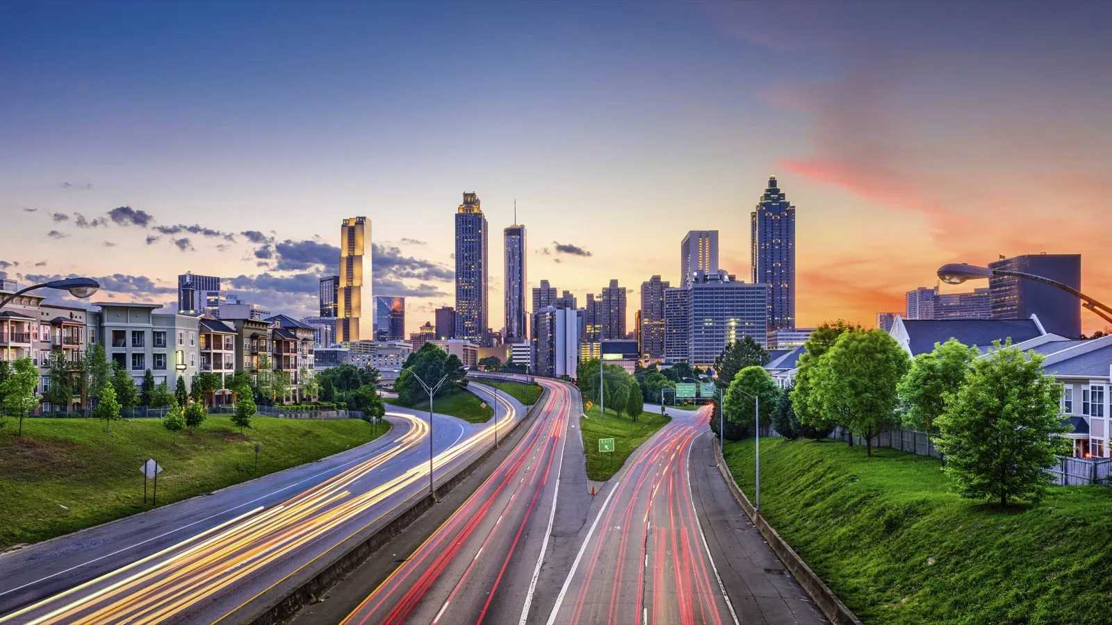 Aerial view of downtown Atlanta, Georgia skyline at sunset