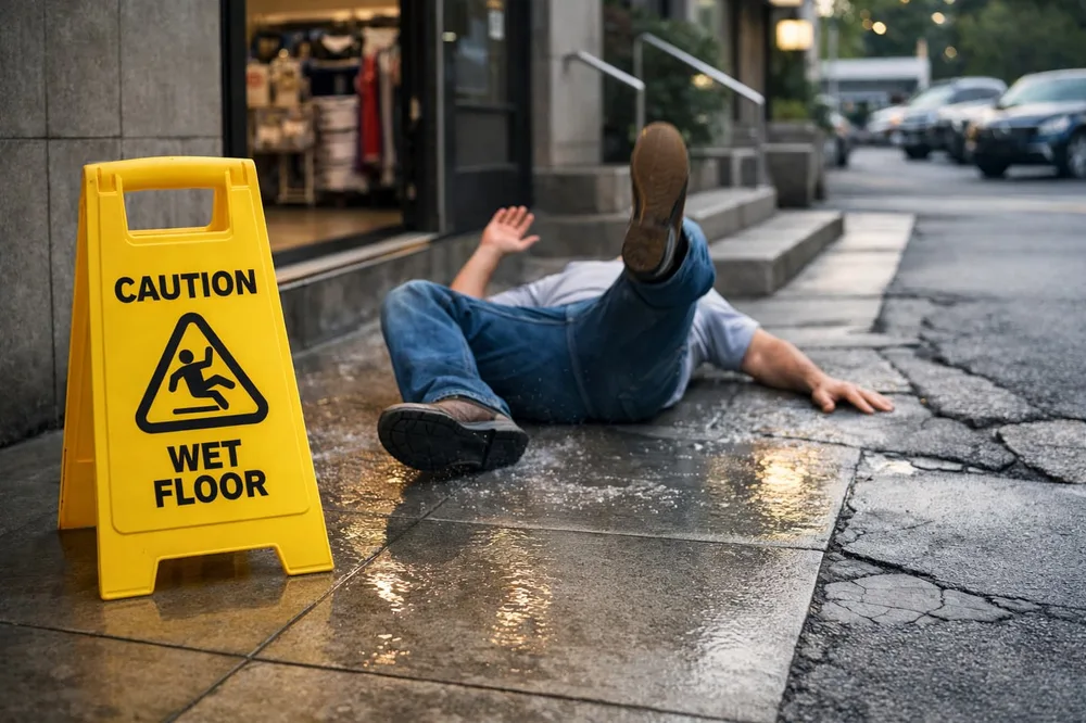 Wet floor caution sign warning of slip and fall hazard - Atlanta premises liability attorney